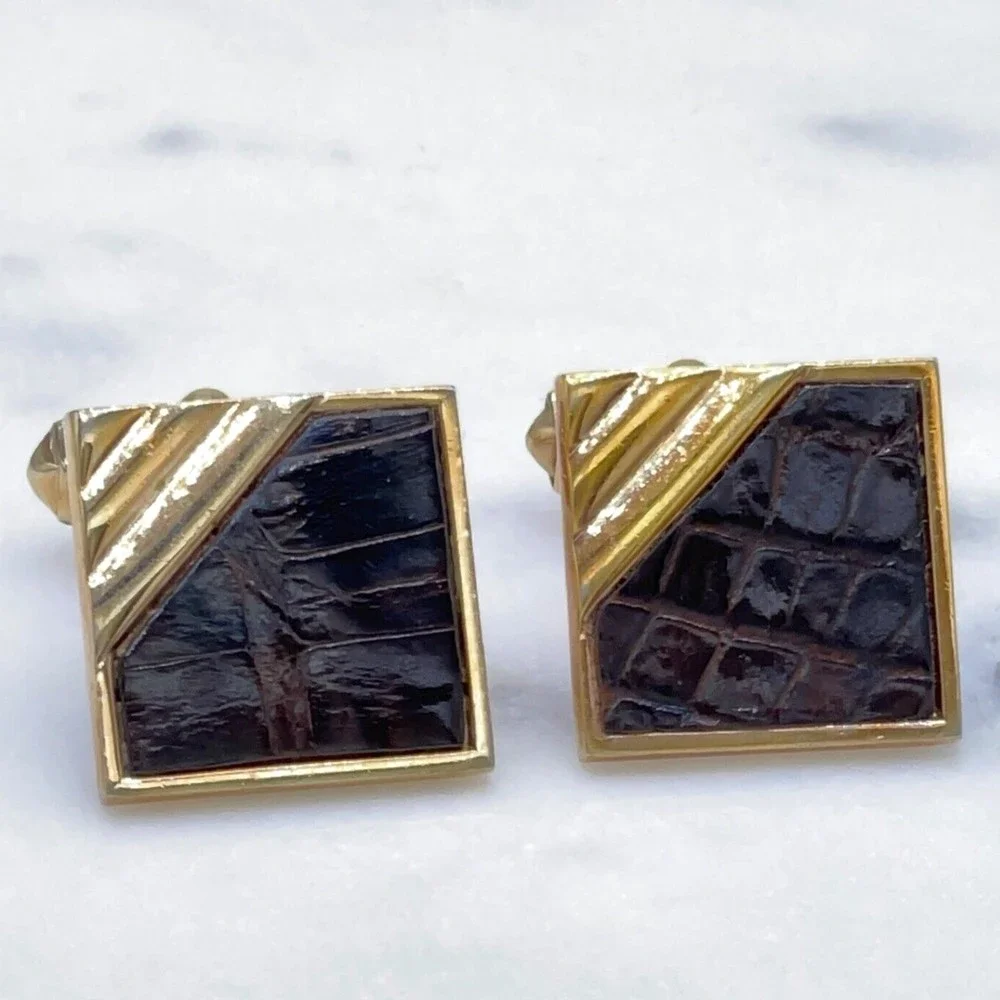 SWANK Vintage Gold Tone Brown Animal/Leather Detail Square Bullet Back Cufflinks